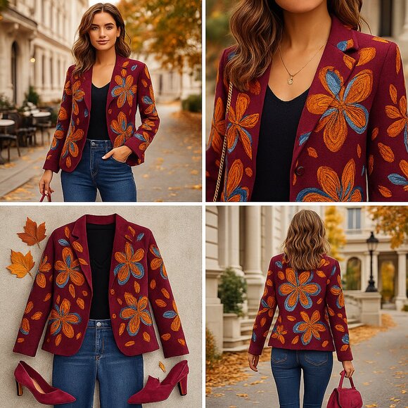 Ettwa Anthropologie Burgundy Floral Embroidered Boho Jacket Size L - Picture 3 of 13
